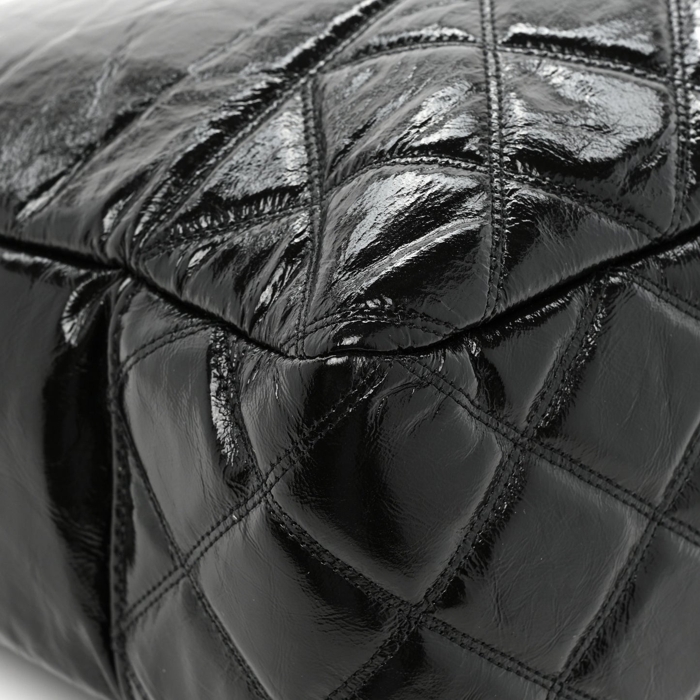 Shiny Aged Calfskin Quilted Large Shopping Bag Black