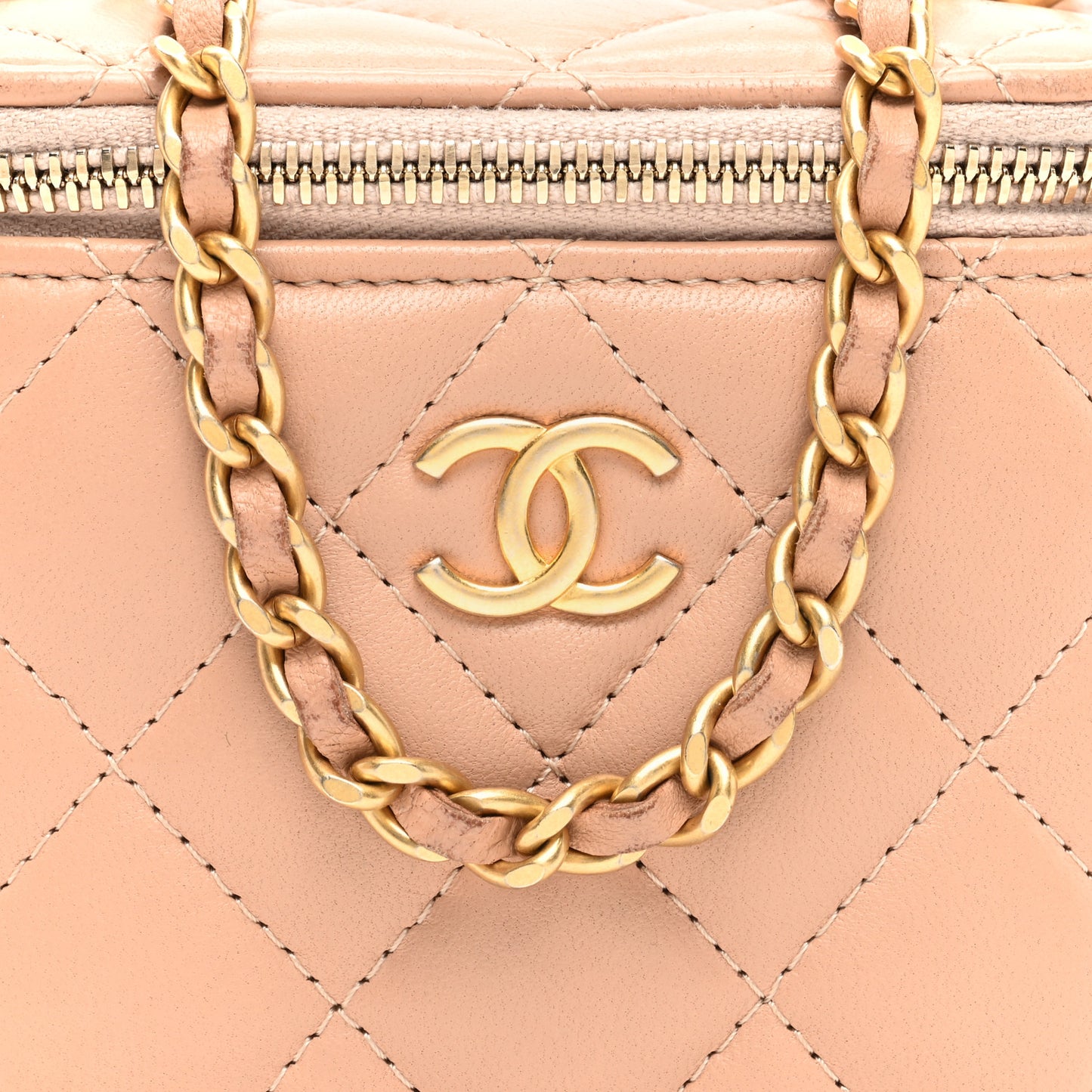 Lambskin Quilted Top Handle Mini Vanity Case With Chain Beige