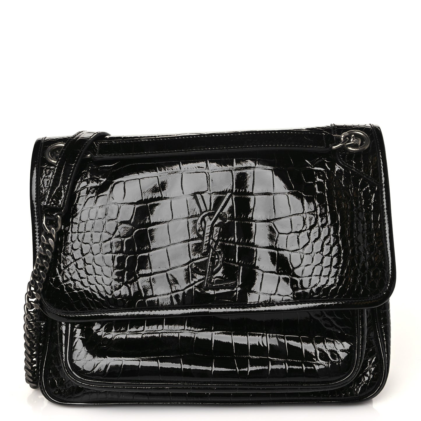Patent Crocodile Embossed Lambskin Monogram Medium Niki Chain Satchel Black