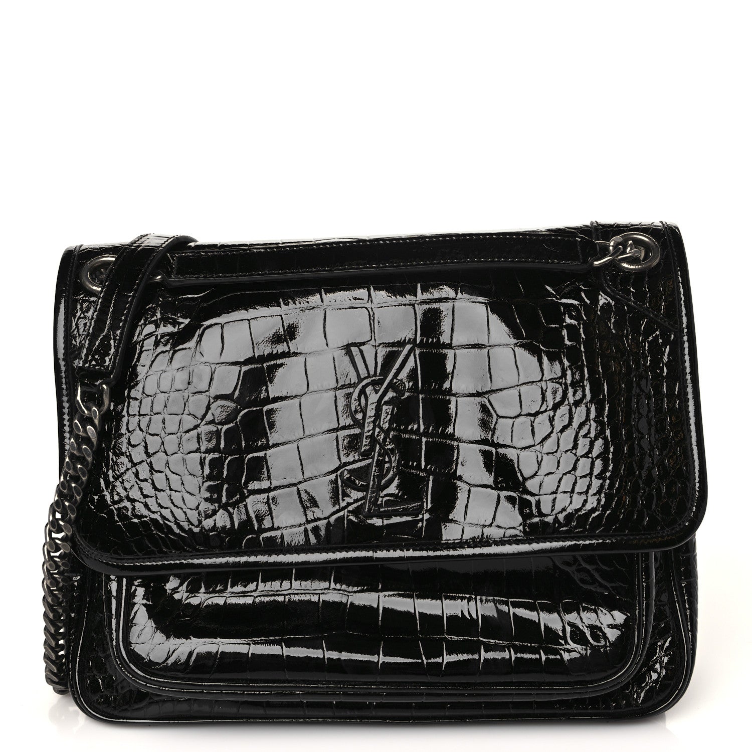 Saint Laurent Patent Crocodile Embossed Lambskin Monogram Medium Niki Chain Satchel Black 1 of 8