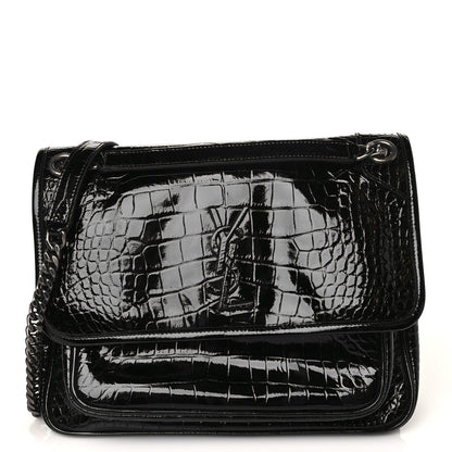 Saint Laurent Patent Crocodile Embossed Lambskin Monogram Medium Niki Chain Satchel Black 1 of 8