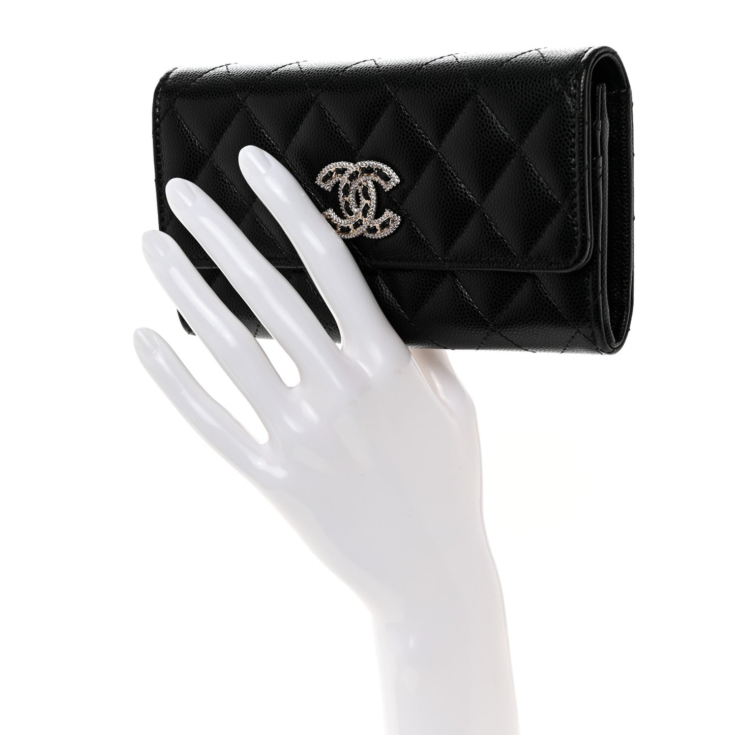 Caviar Quilted Crystal CC Large Gusset Flap Wallet Black