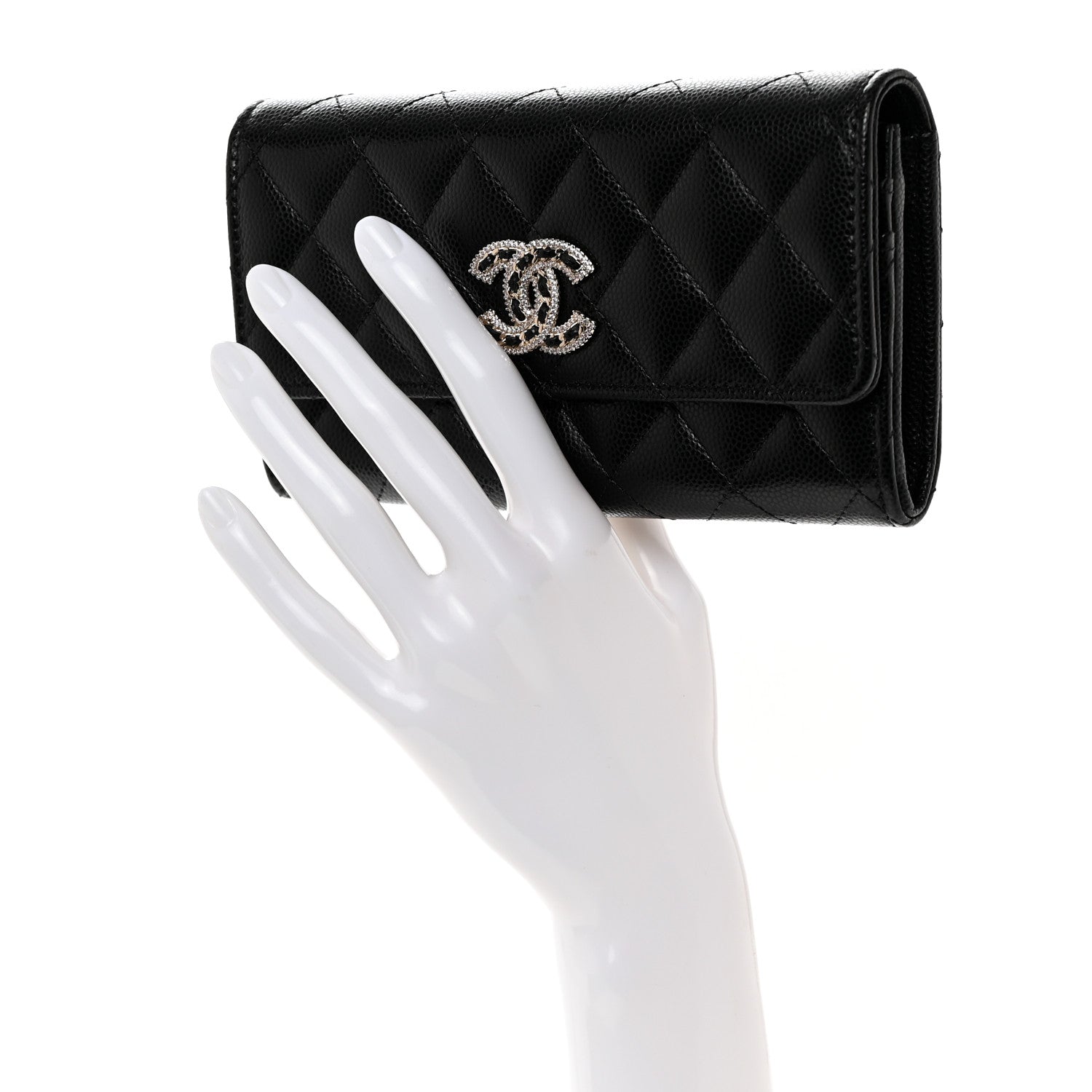 Chanel Caviar Quilted Crystal CC Large Gusset Flap Wallet Black 2 of 9