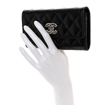 Chanel Caviar Quilted Crystal CC Large Gusset Flap Wallet Black 2 of 9
