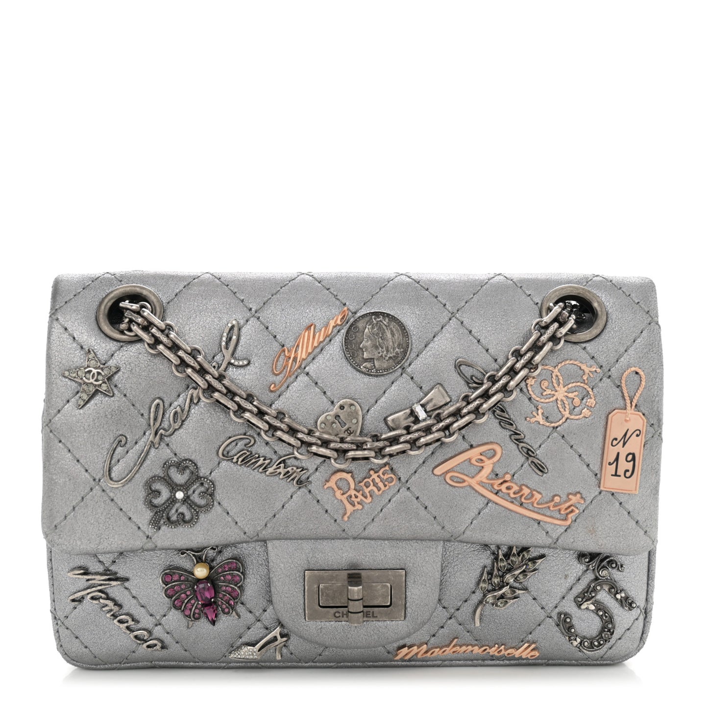 Metallic Calfskin Quilted Lucky Charms 2.55 Reissue 224 Flap Dark Silver