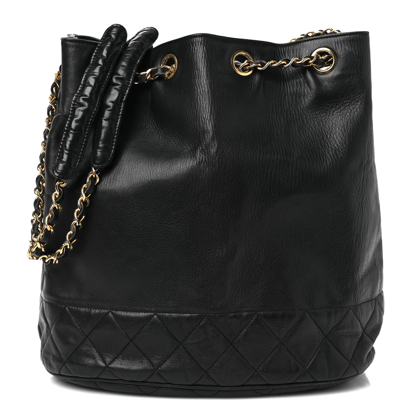 Lambskin Quilted Drawstring Bucket Bag Black