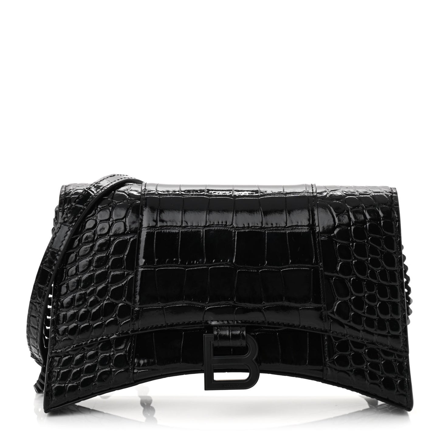 Shiny Calfskin Monochrome Crocodile Embossed Small Hourglass Evening Chain Bag Black