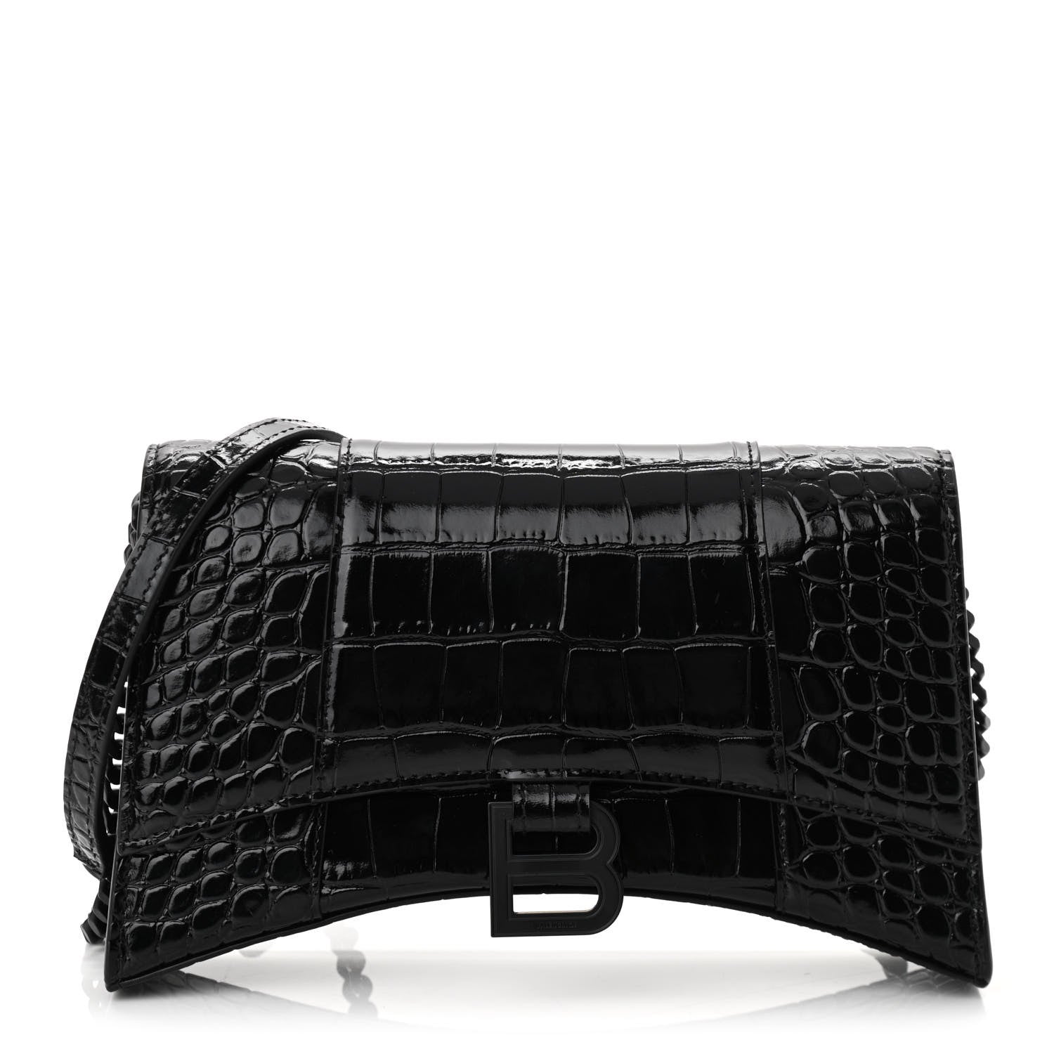 Balenciaga Shiny Calfskin Monochrome Crocodile Embossed Small Hourglass Evening Chain Bag Black 1 of 8