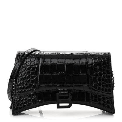 Balenciaga Shiny Calfskin Monochrome Crocodile Embossed Small Hourglass Evening Chain Bag Black 1 of 8