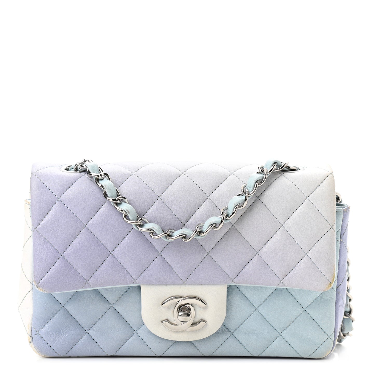 Perforated Lambskin Quilted Mini Rectangular Flap Light Blue Light Purple White