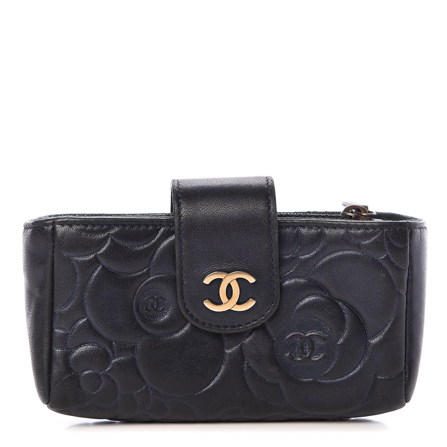 Chanel Lambskin Camellia Embossed Mini Phone Holder Clutch Dark Blue 1 of 7