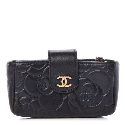 Chanel Lambskin Camellia Embossed Mini Phone Holder Clutch Dark Blue 1 of 7