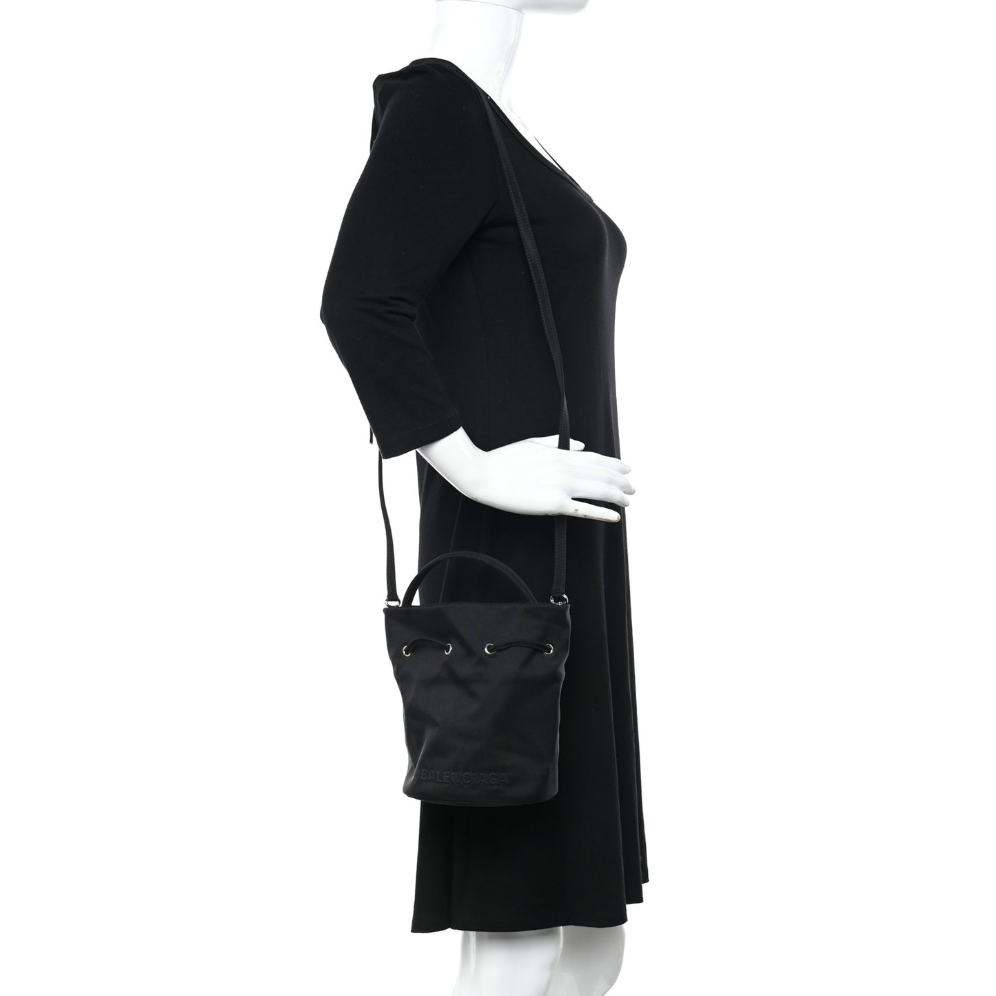 Recycled Sport Nylon Logo Embroidered Wheel Drawstring Bucket Bag Black