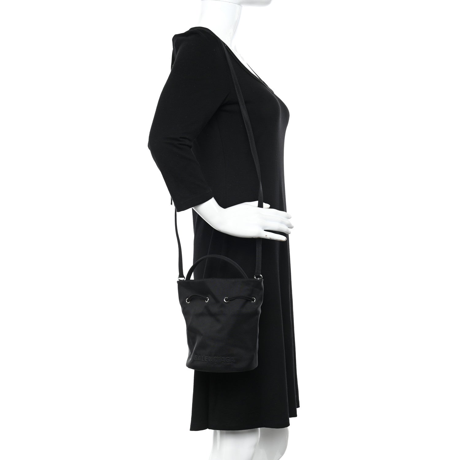 Balenciaga Recycled Sport Nylon Logo Embroidered Wheel Drawstring Bucket Bag Black 2 of 10