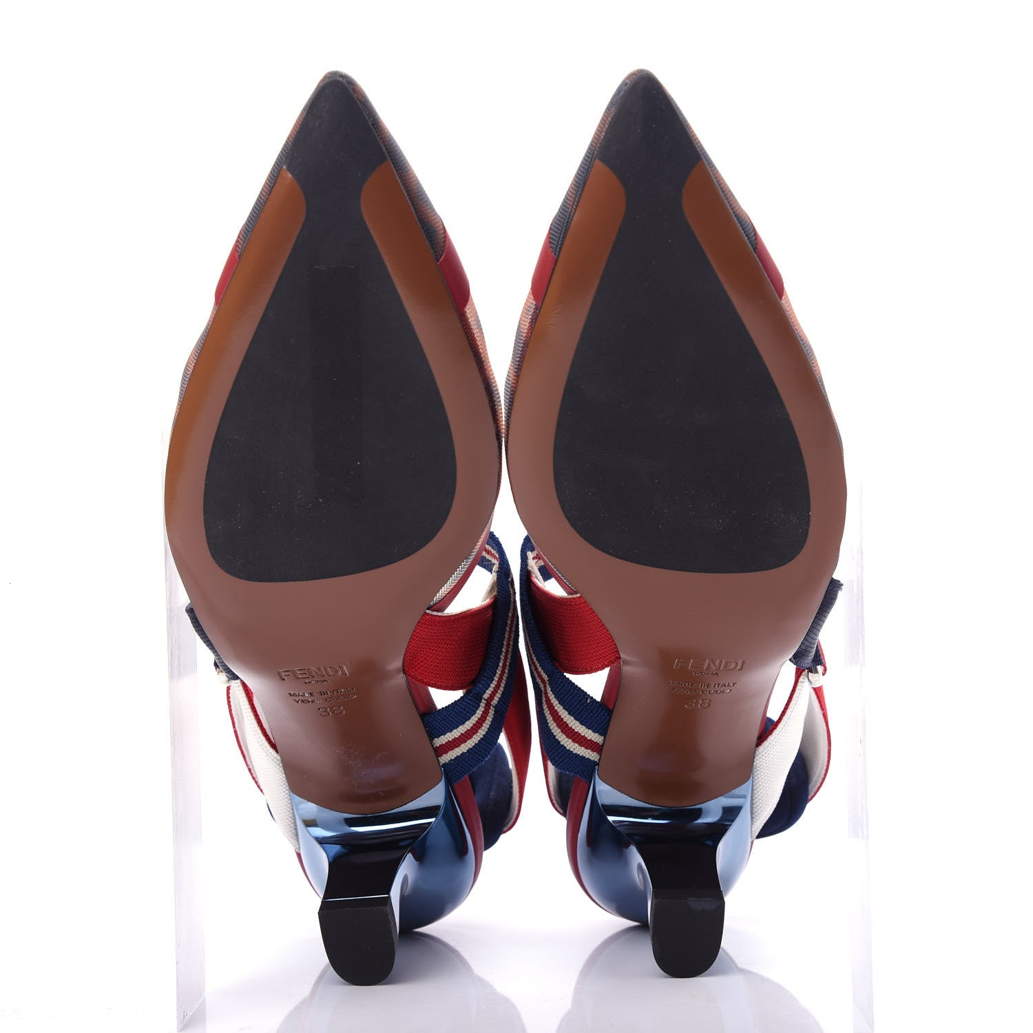 Fendi Technical Mesh FF Colibri 55mm Slingback Pumps 38 Tobacco Moro Zaffiro Ciliegia Rosso 6 of 10