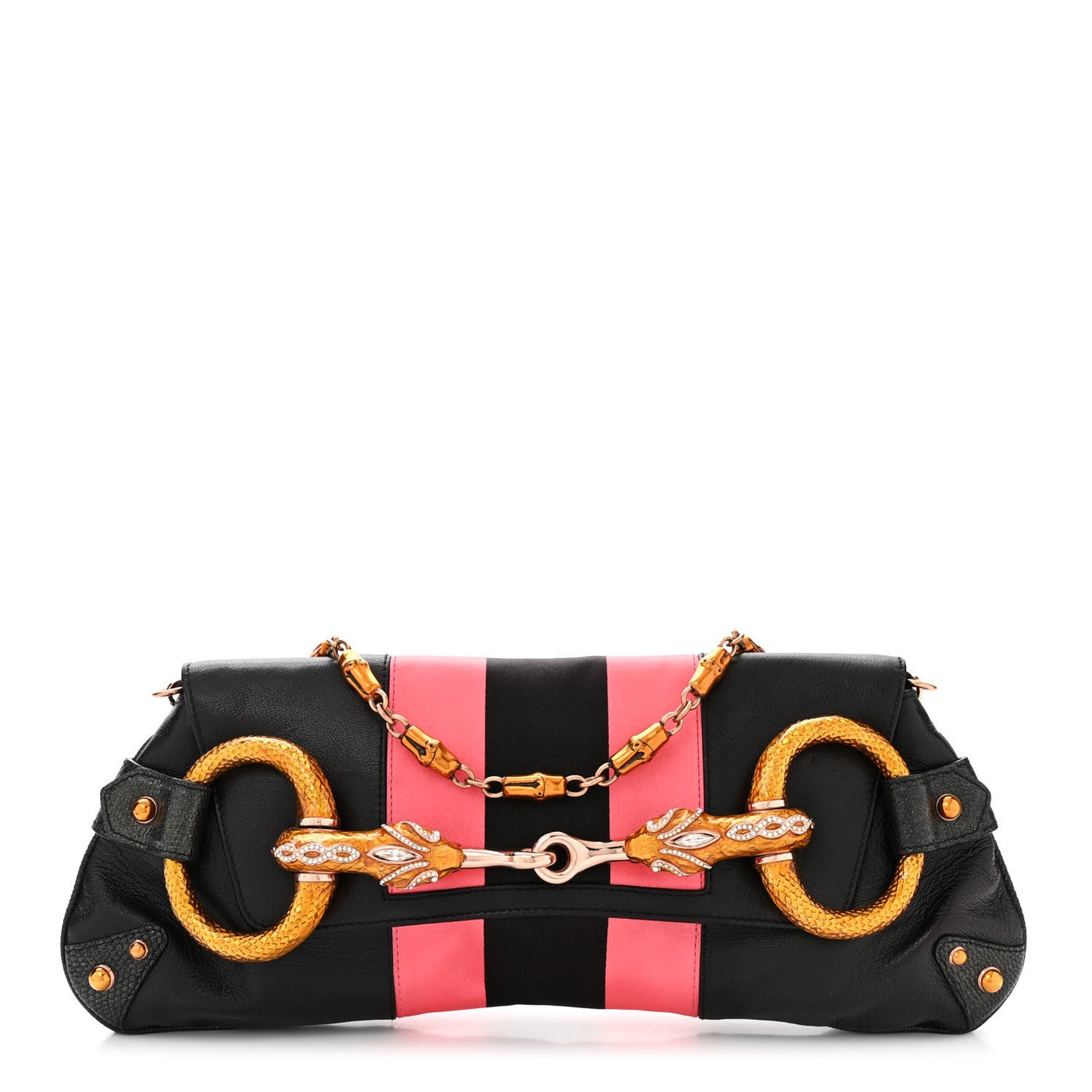 Calfskin Lizard Satin Studded Crystal Horsebit Clutch Pink Black