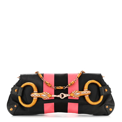Gucci Calfskin Lizard Satin Studded Crystal Horsebit Clutch Pink Black 1 of 11