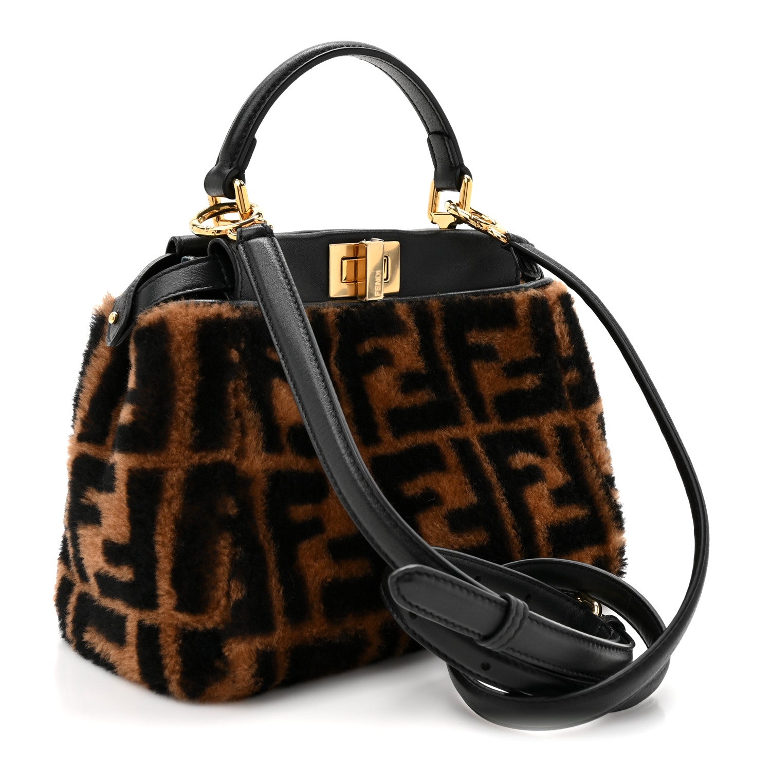 Fendi Shearling Nappa Macro FF 1974 Mini Peekaboo Iconic Satchel Tobacco Black 3 of 12