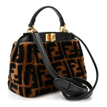 Fendi Shearling Nappa Macro FF 1974 Mini Peekaboo Iconic Satchel Tobacco Black 3 of 12
