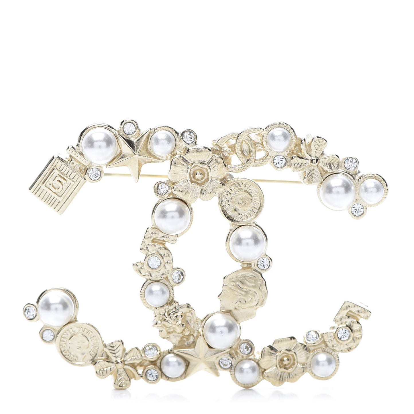 Crystal Pearl CC Charms Brooch Gold