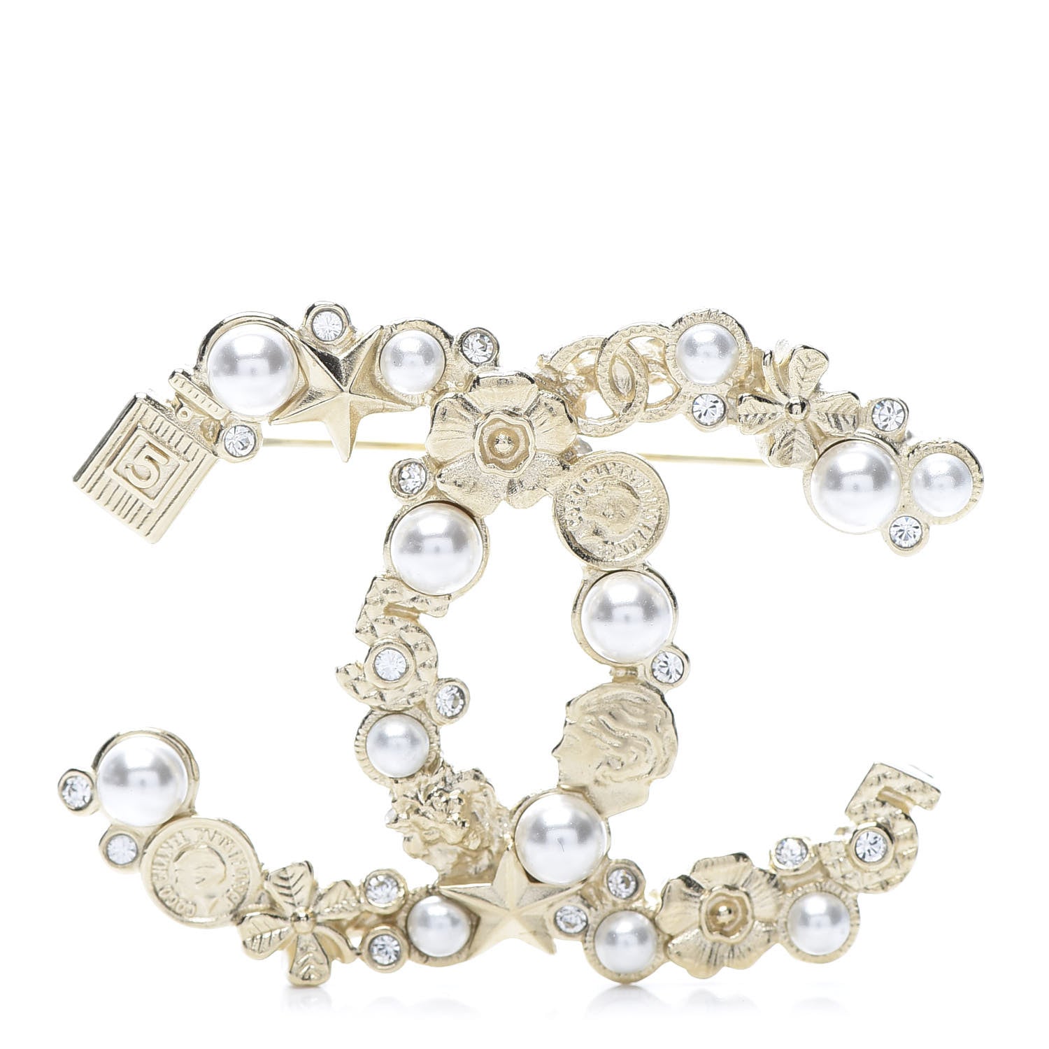 Chanel Crystal Pearl CC Charms Brooch Gold 1 of 4