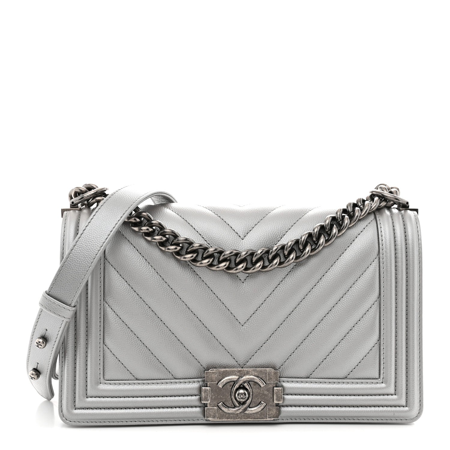 Chanel Metallic Caviar Chevron Quilted Medium Boy Flap Silver 1 of 10