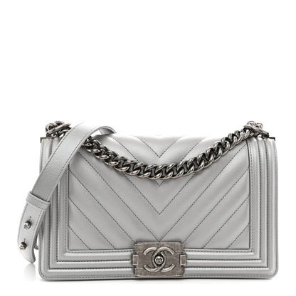 Chanel Metallic Caviar Chevron Quilted Medium Boy Flap Silver 1 of 10
