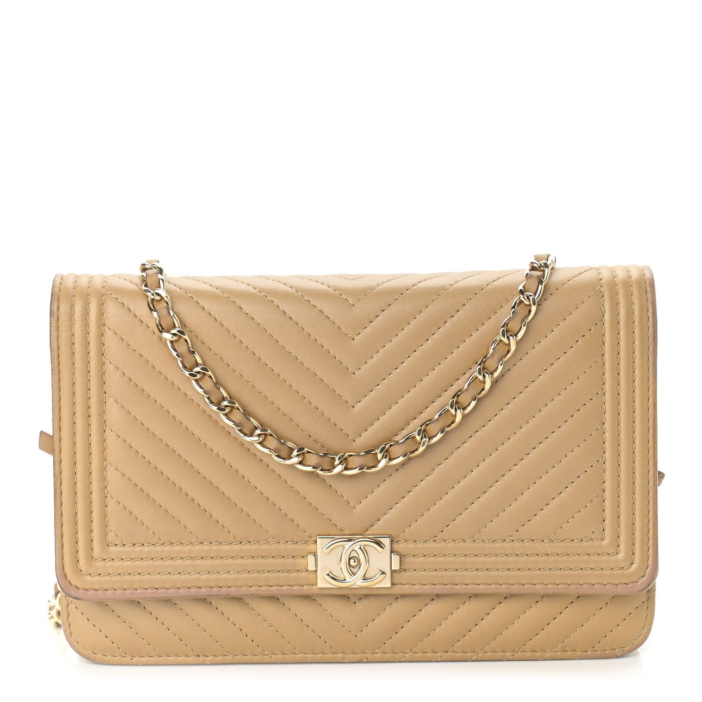 Lambskin Chevron Quilted Boy Wallet On Chain WOC Beige