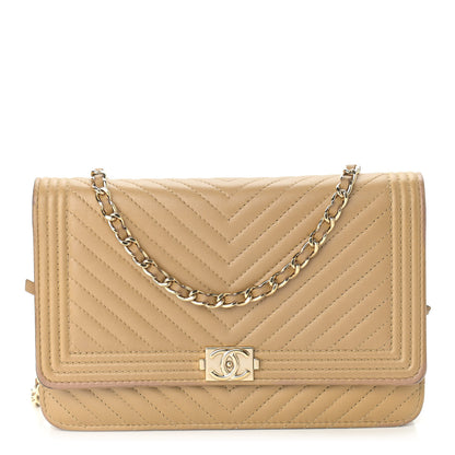 Chanel Lambskin Chevron Quilted Boy Wallet On Chain WOC Beige 1 of 11
