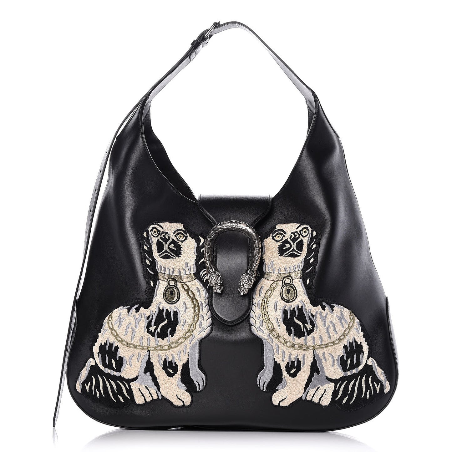 Calfskin Dog Embroidered Extra Large Dionysus Hobo Black