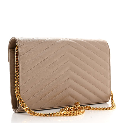 Saint Laurent Grain De Poudre Matelasse Chevron Monogram Chain Wallet Dark Beige 3 of 9
