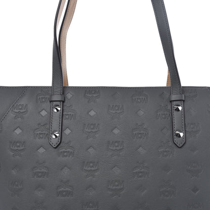 MCM Calfskin Ottomar Monogram Medium Klara Top Zip Tote Charcoal 10 of 10