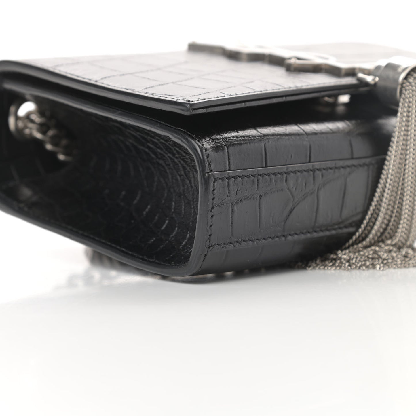 Calfskin Crocodile Embossed Small Classic Monogram Tassel Satchel Black