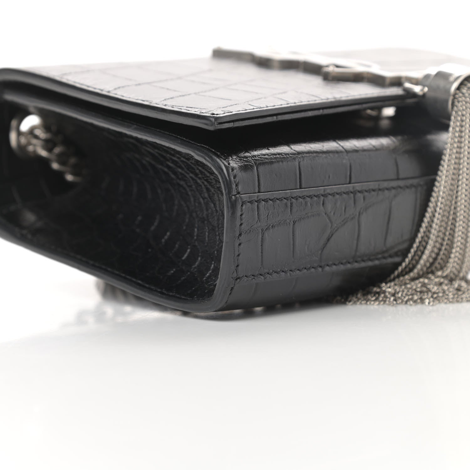 Saint Laurent Calfskin Crocodile Embossed Small Classic Monogram Tassel Satchel Black 8 of 10