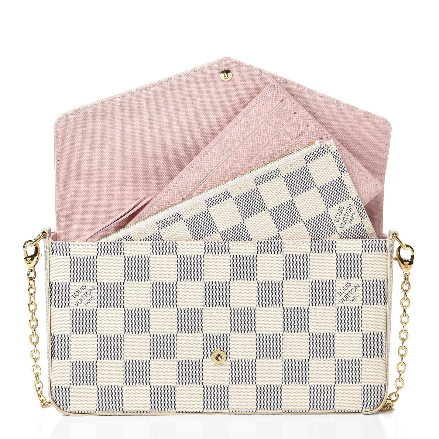 Damier Azur Pochette Felicie Chain Wallet Rose Ballerine