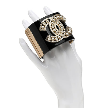 Chanel Resin Baguette Crystal Pearl CC Cuff Black 2 of 5