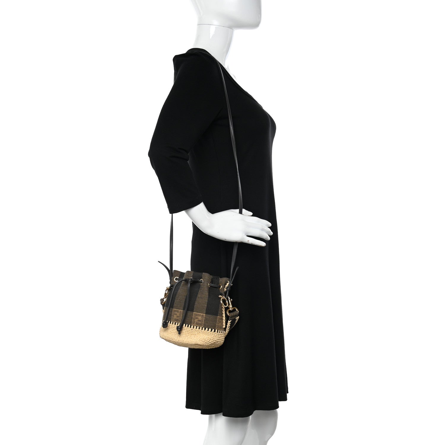 Fendi Fabric Jacquard Raffia Straw Pequin Gingham Woven Mini Mon Tresor Bucket Bag Beige Black Natural 2 of 11