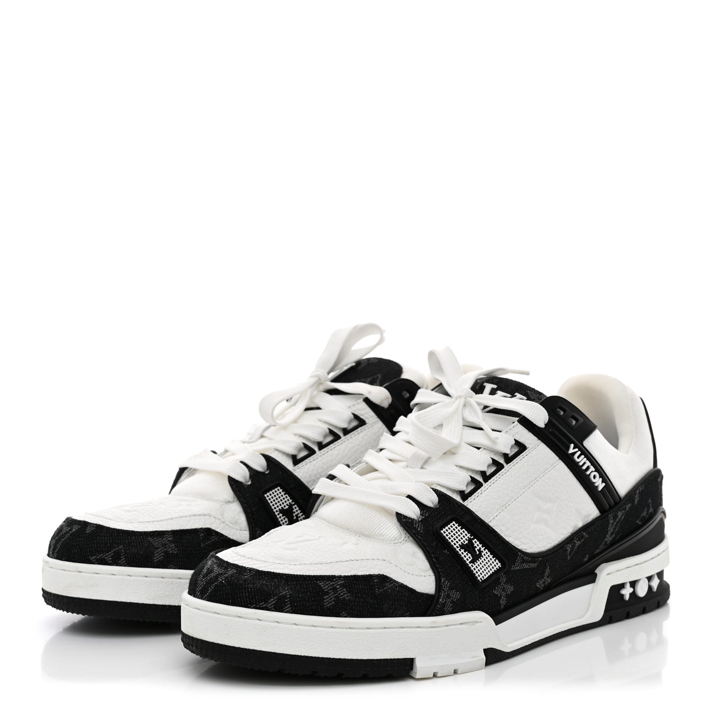 Calfskin Embossed Monogram Denim Mens LV Trainer Sneakers 10 Black