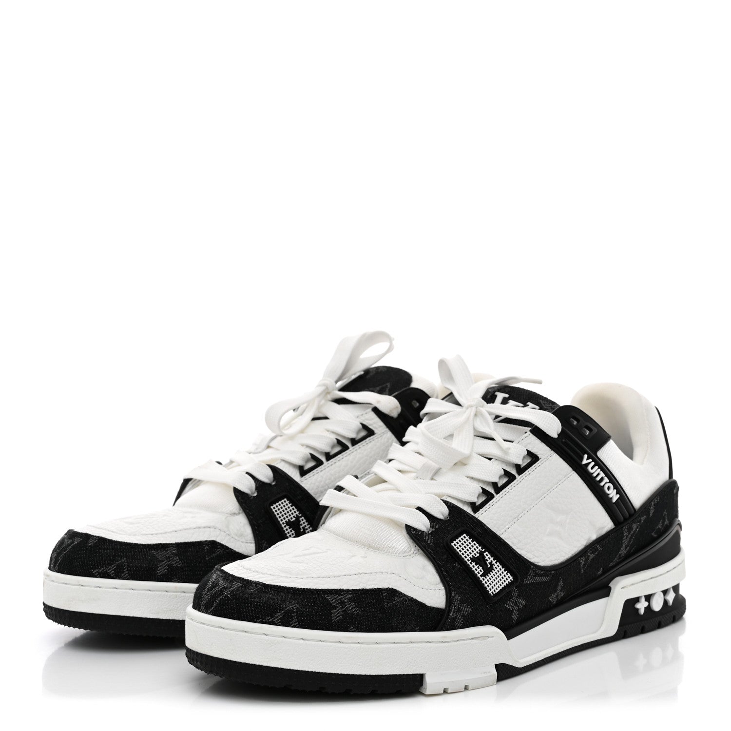 Louis Vuitton Calfskin Embossed Monogram Denim Mens LV Trainer Sneakers 10 Black 4 of 11
