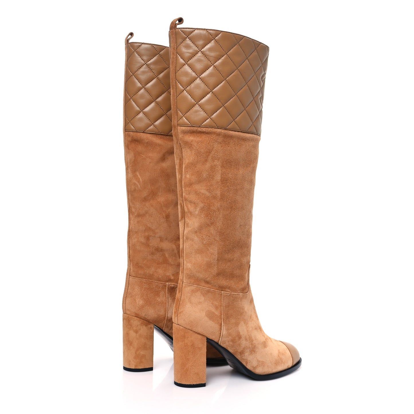 Suede Calfskin Lambskin Quilted Knee High Boots 36.5 Beige