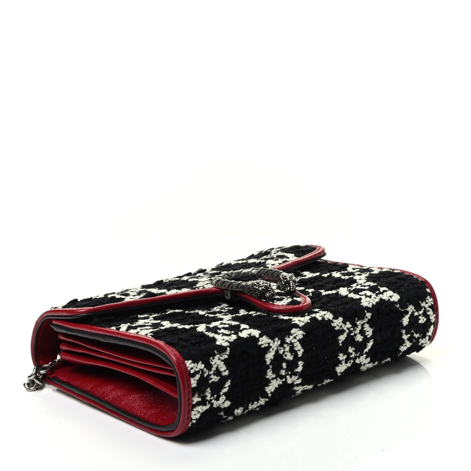 Gucci Tweed GG Monogram Mini Dionysus Chain Wallet Black White Romantic Cherry 3 of 8