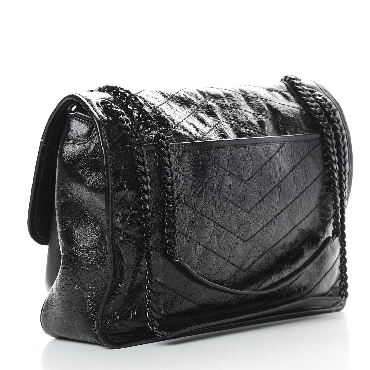 Crinkled Calfskin Matelasse Monogram Large Niki Chain Satchel Black