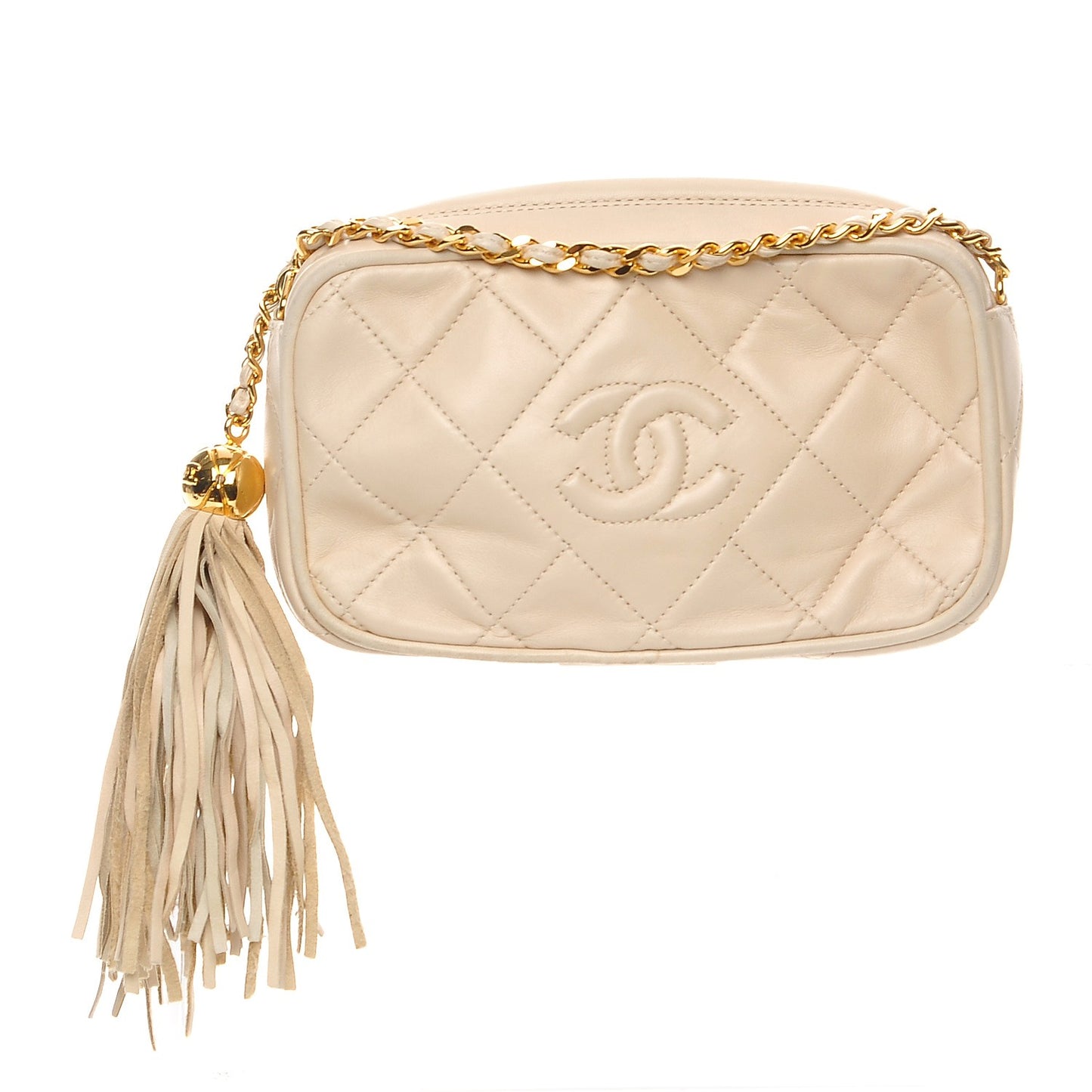 Lambskin Quilted Tassel Camera Case Beige