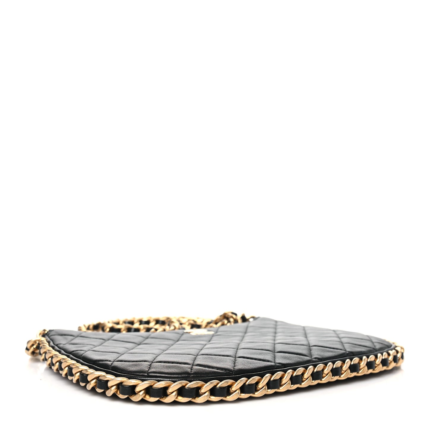 Shiny Crumpled Lambskin Quilted Large Trendy Chain Around Hobo Black