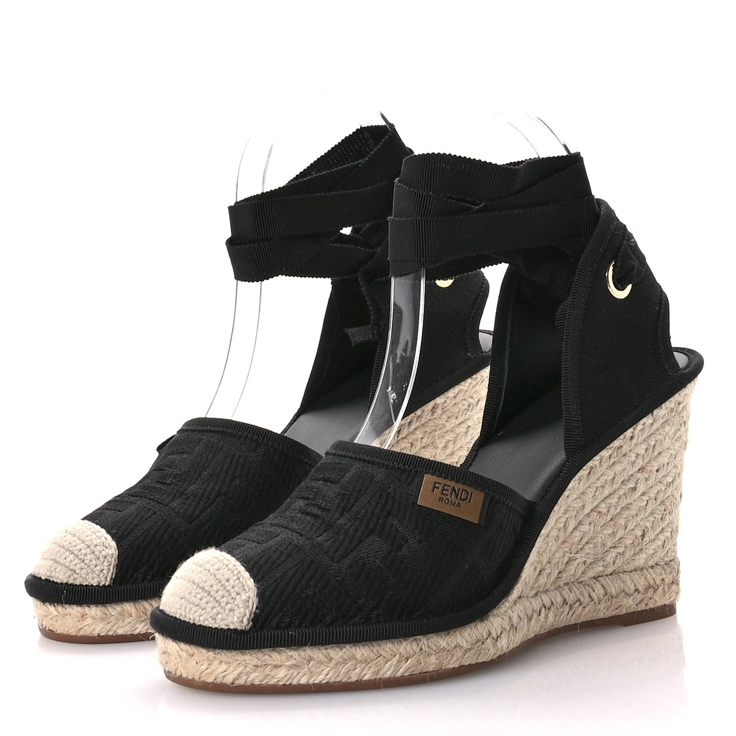 Canvas FF Embroidered Roma Ankle Wrap Wedge Espadrilles 37 Black