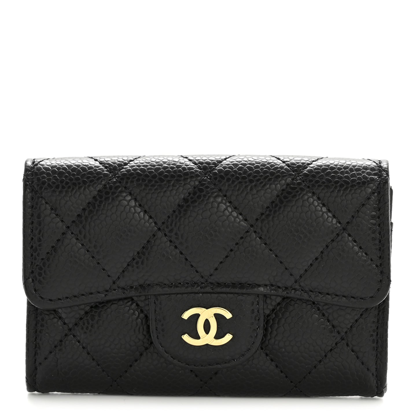 Caviar Quilted Flap Card Holder Wallet Black