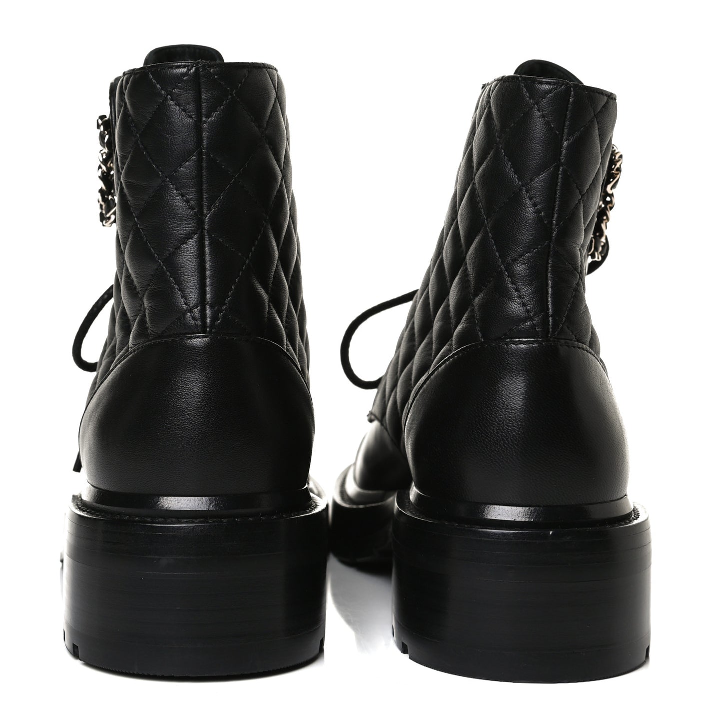 Shiny Lambskin Quilted Lace Up Combat Boots 37.5 Black