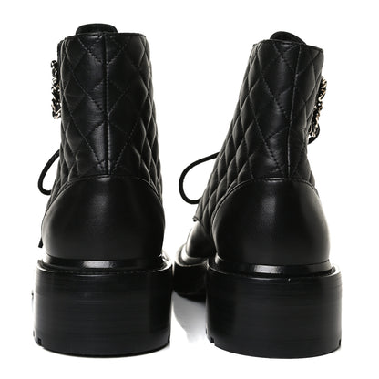 Chanel Shiny Lambskin Quilted Lace Up Combat Boots 37.5 Black 6 of 14