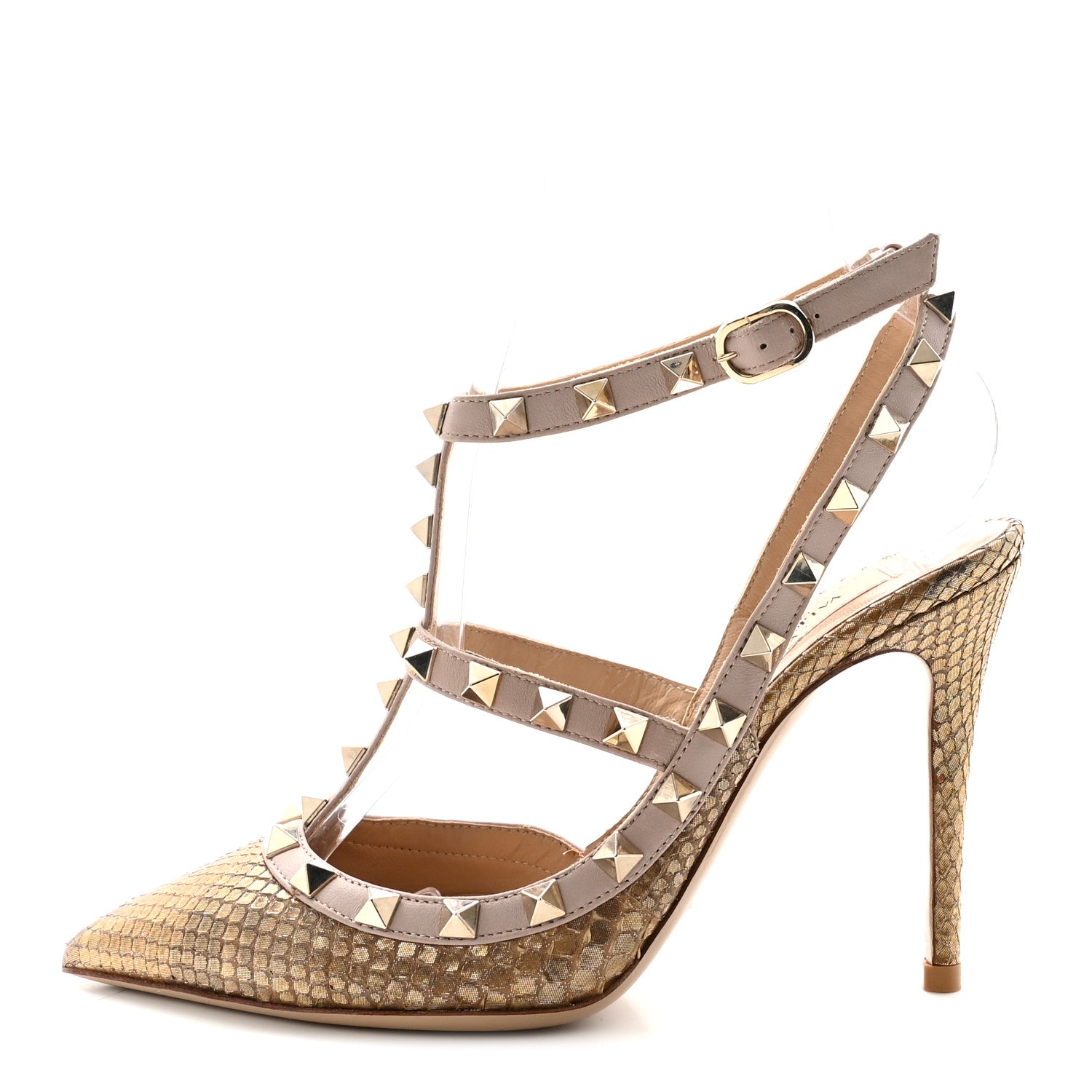 Valentino Garavani Metallic Elaphe Rockstud Ankle Strap 100mm Pumps 35 Gold Poudre 1 of 9