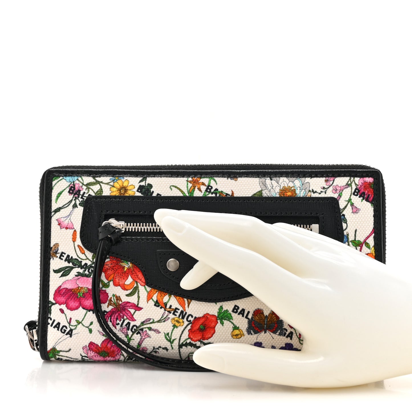 X GUCCI Canvas Azalea Calfskin Flora Logo Print Zip Around Wallet White Multicolor Black